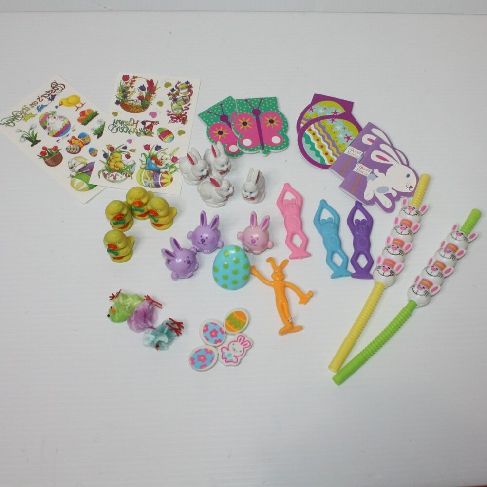 Easter Basket Goodie Bag Party Favor 33 Piece Lot Bunnies Chicks Erasers Straws